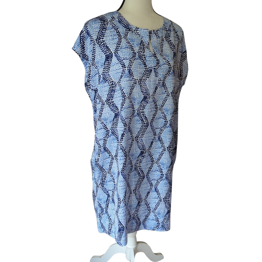 Liz Claiborne Dot Geometric Pattern Shift Dress LP Blue Pockets Lightweight